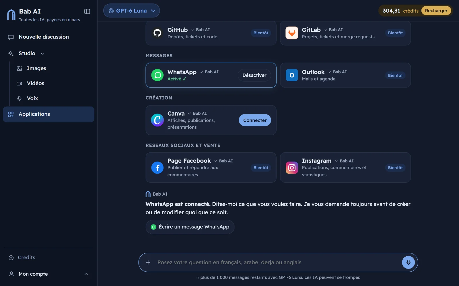 La page Applications de Bab AI : WhatsApp activé, Canva à connecter, d'autres applications bientôt