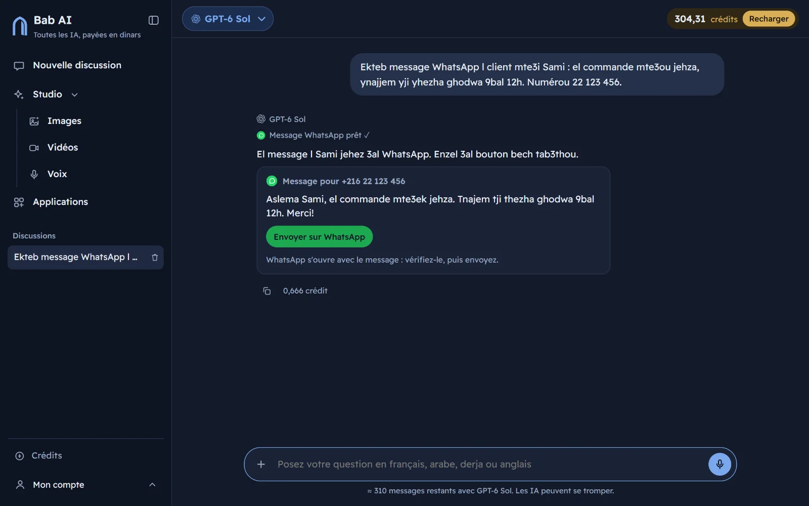 Bab AI prépare un message WhatsApp en derja pour un client, avec le bouton Envoyer sur WhatsApp